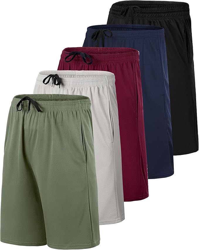5 Pack Men's Mesh Shorts Athletic Basketball Sports Gym Workout Pockets | Cooling Moisture-Wicking, 9", Long, Quick-Dry, Breathable, Elastic Drawstring Waistband. Running, Exercise, Soccer, Training. - Image 4