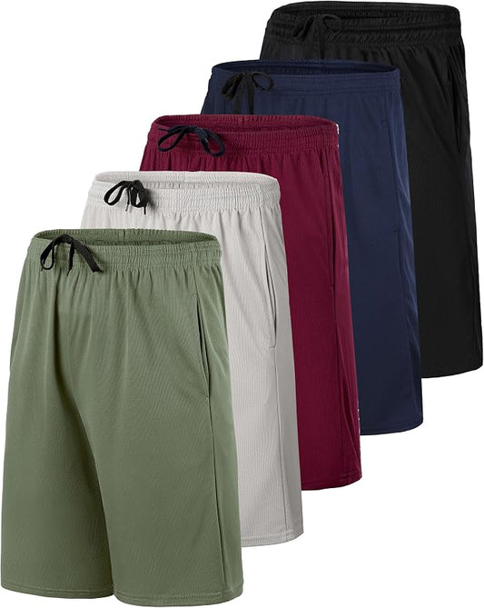 5 Pack Men's Mesh Shorts Athletic Basketball Sports Gym Workout Pockets | Cooling Moisture-Wicking, 9", Long, Quick-Dry, Breathable, Elastic Drawstring Waistband. Running, Exercise, Soccer, Training. by RealEssentials