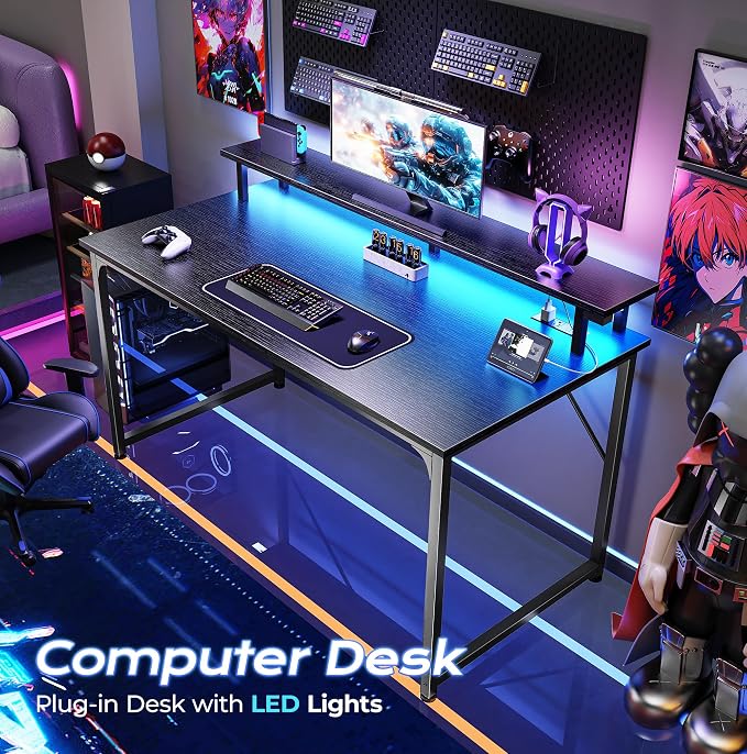 PRAISUN 40 inch Gaming Desk, LED & Power Outlets, Monitor Stand, Black | Sturdy PC Desk for Home Office, Study & Work, LED Lights, 4 AC Outlets & USB-C Charging Station - Image 4