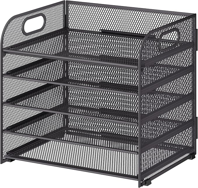 Cawukege 5 Tier Paper Organizer with Handle, Grey Metal Mesh Desk Organizer File Folder Paper Letter Tray Desktop Document Sorter for Classroom, School, Office Accessories Organization and Storage - Image 9