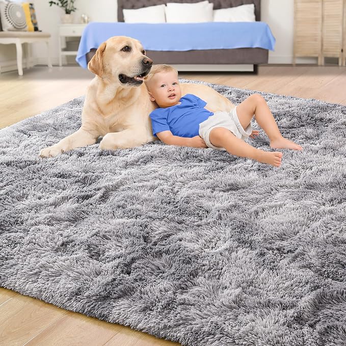 Tepook Fluffy Large Rugs for Living Room, 8x10 Area Rugs for Bedroom, Modern Shag Fuzzy Carpets for Kids Boys Girls, Plush Indoor Nursery Home Decor Rug with Non-Slip Bottom, Tie-dye Light Grey - Image 4