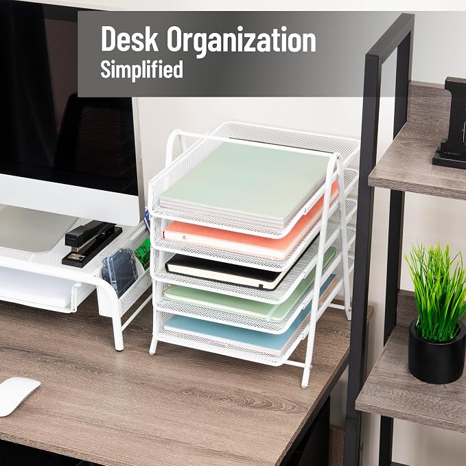 Mind Reader 5-Tier Paper Tray Organizer, White | Vertical Desktop File Storage Rack, Office, Metal Mesh - Image 2