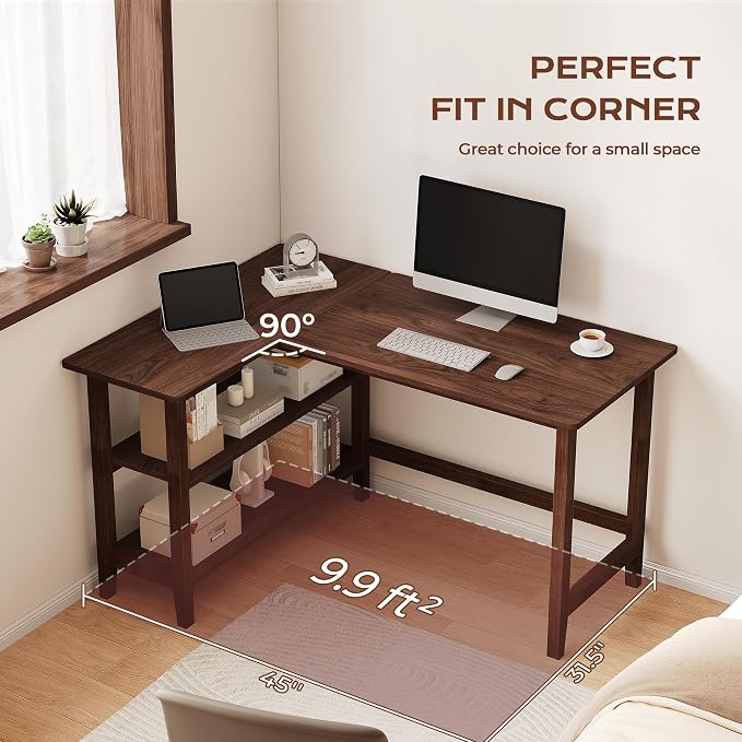 IOTXY Reversible L-Shaped Office Desk - 45" Compact Corner Computer Table with Storage Shelves, Solid Wood Legs, Writing & Study Workstation for Small Spaces, Walnut - Image 7