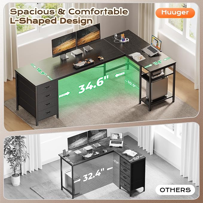 Huuger 63 Inch L Shaped Desk with Fabric Drawers, Reversible Computer Gaming Desk with Power Outlets and USB-C Port, Adjustable Side Storage Shelves, for Work Study Corner Home Office, Black - Image 7