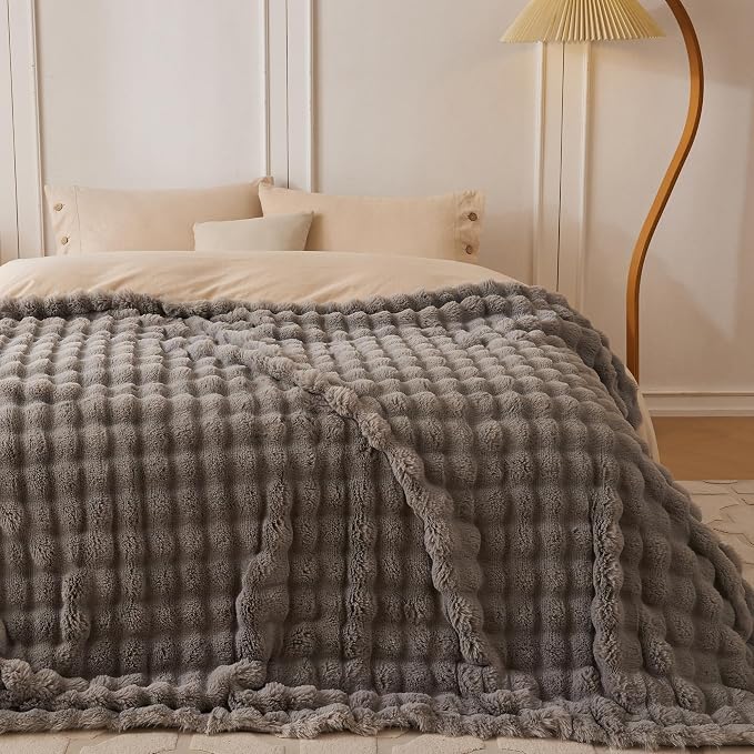 COOVA Faux Fur Throw Blanket for Couch, Cozy Soft and Fuzzy Plush Rabbit Fur Bubble Blanket for Sofa Bedroom Living Room, 50x60 Inches Grey - Image 3