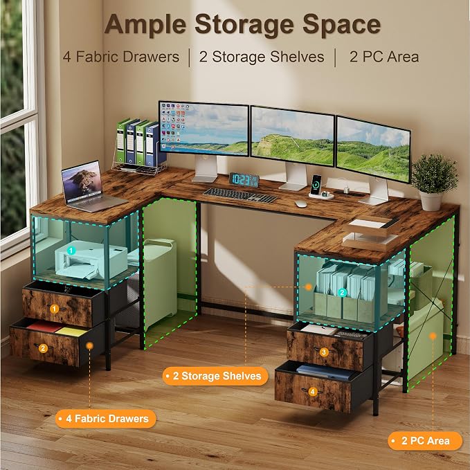 YOSHOOT 67" U Shaped Computer Desk, Reversible L Shaped Gaming Desk | Corner Desk with Power Outlets, 4 Drawers, 2 Storage Shelf, Computer Table with 4 Installation Methods, Rustic Brown - Image 5