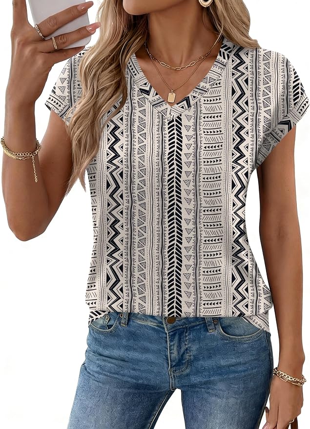 Rapbin Womens Summer Tops Women Blouses Dressy Casual V Neck T Shirts Short Sleeve Spring Tops for Women - Image 2