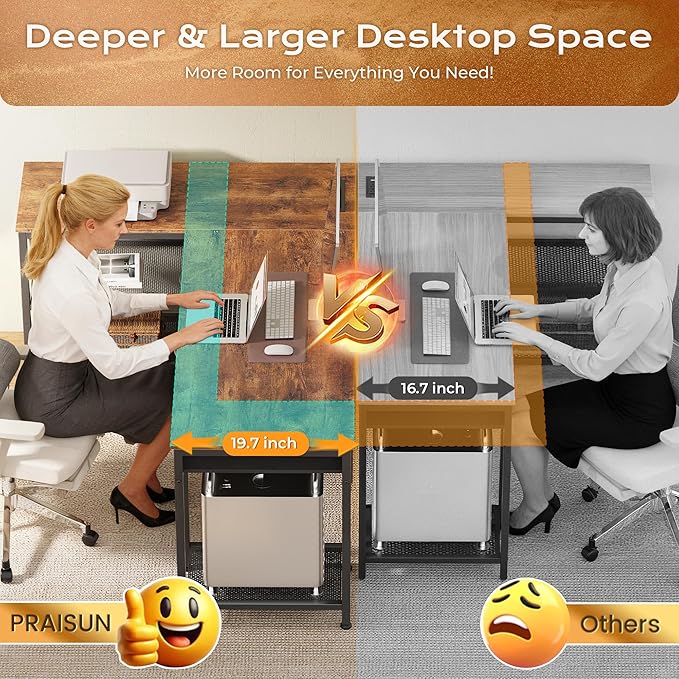 PRAISUN 55 Inch L Shaped Office Desk with Power Outlets and Type-C Port, Large Computer Gaming Desk with 3 Fabric Drawers, Mesh Shelves, Corner Study Work Writing Desk, Rustic Brown - Image 6