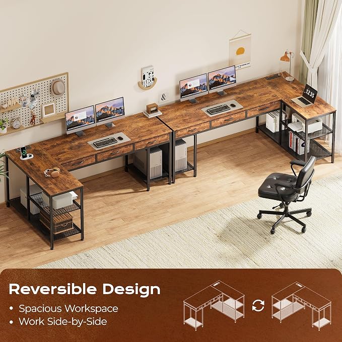 PRAISUN 63 Inch L Shaped Office Desk with Power Outlets and Type-C Port, Large Computer Gaming Desk with 3 Fabric Drawers, Mesh Shelves, Corner Study Work Writing Desk, Rustic Brown - Image 4