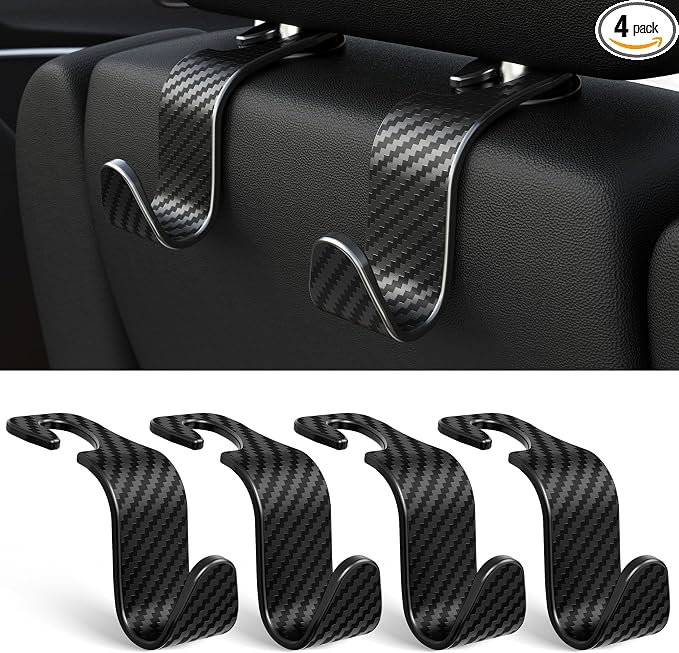 Amooca 4-Pack Car Headrest Hooks Vehicle Storage Organizer for Purses Handbags Groceries Coats –Holds 55lbs 360° Rotating Simple Design Black Checkered by Amooca