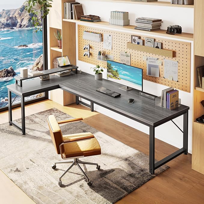 PRAISUN 61" L Shaped Computer Desk, Power Outlets, Monitor Stand, Grey | USB-C Ports, Reversible Charging Station, Spacious Desktop & Legroom, 0.94 Inch Thick Desktop, for Gaming, Study & Work - Image 2