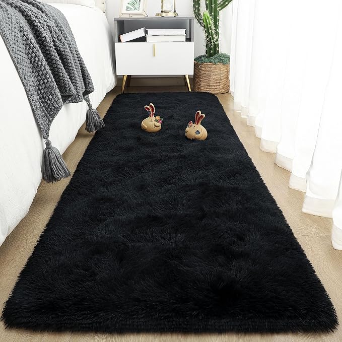 Tepook Soft Runner Rugs for Bedroom 2x6 ft with Rubber Backing, Black Fluffy Rugs for Living Room, Shag Bedside Rug Fuzzy Plush Carpet for Room, Area Rug for Dorm Nursery Hallway Indoor Home Decor by Tepook