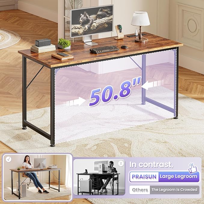 PRAISUN 55 X 20 Inch Computer Desk, Power Outlets, USB-C, Rustic Brown | Office Desk with 4 AC Outlets, USB & USB-C, Sturdy Metal Frame, Spacious Desktop for Work, Writing, Study & Gaming - Image 6