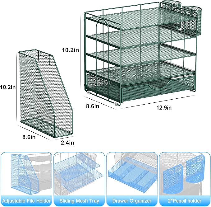gianotter 5-Tier Desk Organizer with Drawers and File Holders | Letter Trays and Pen Holders - Workspace Accessories for Office Supplies (Green) - Image 5