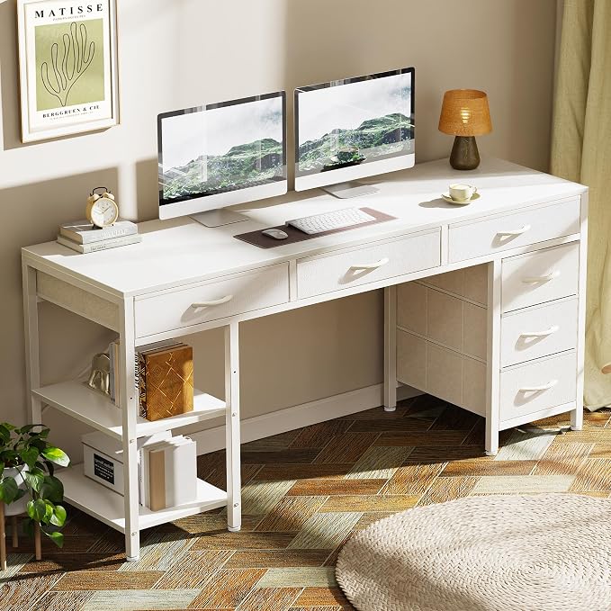 Huuger Computer Desk with 6 Drawers, Office Desk with Shelves, Reversible Gaming Desk, Corner Desk with Storage, Work for Home Office, Study, Living Room, 54inch, White - Image 6