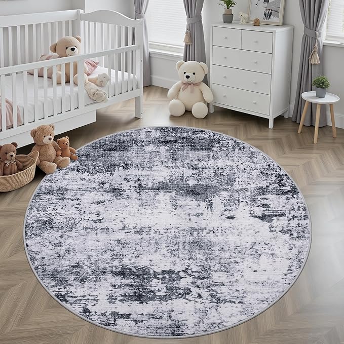Round Area Rug for Living Room: 4 ft Washable Modern Abstract Soft Thin Rug Indoor Floor No Slip Stain Resistant Carpet for Bedroom Dining Room Farmhouse Nursery Home Office - Grey - Image 3