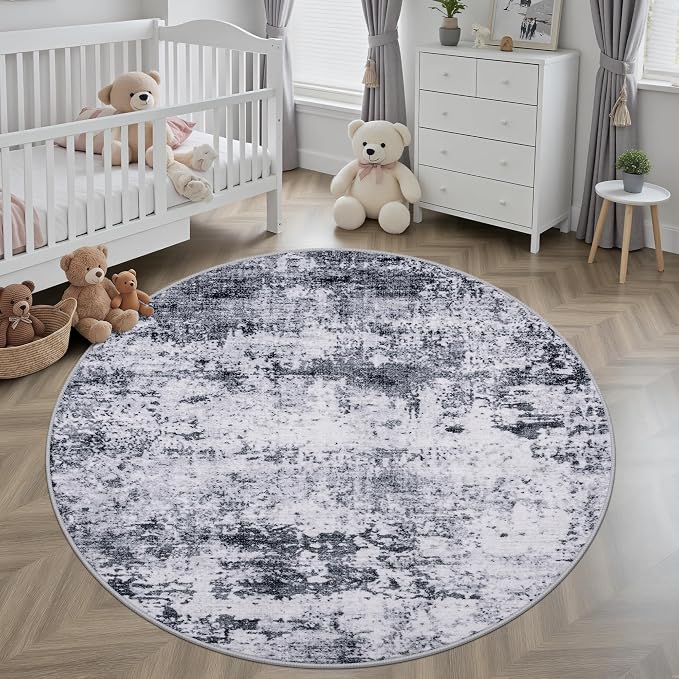 Round Area Rug for Living Room: 5 ft Washable Modern Abstract Soft Thin Rug Indoor Floor No Slip Stain Resistant Carpet for Bedroom Dining Room Farmhouse Nursery Home Office - Grey - Image 3
