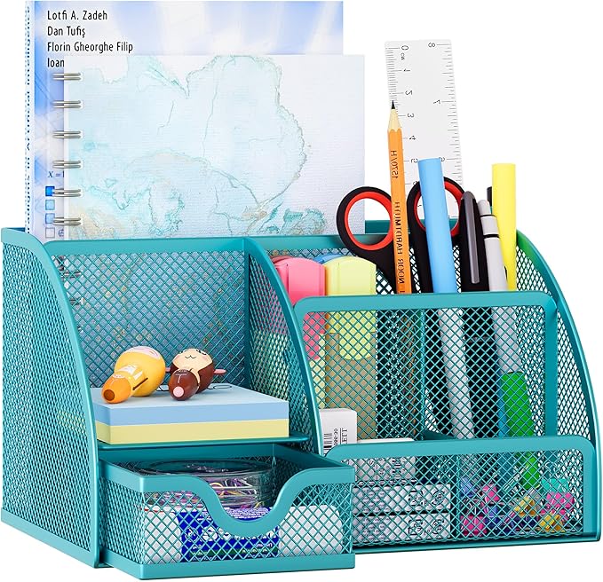 EasyPAG Mesh Desk Organizer with Drawer Multi-functional Pen Holder Stationery Organizer for Office School Supplies 6 Compartments Dorm Organizers and Storage for Desk, Blue by EasyPAG