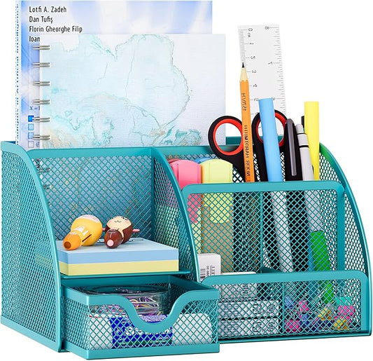 EasyPAG Mesh Desk Organizer with Drawer Multi-functional Pen Holder Stationery Organizer for Office School Supplies 6 Compartments Dorm Organizers and Storage for Desk, Blue by EasyPAG
