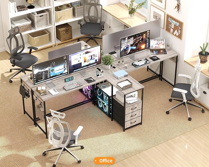 YOSHOOT 2 Person Computer Desk, 87" Long Gaming Desk for 2 People | Double Desk with 3 Fabric Drawers and 2 Power Outlets, Home Office Table for Adults and Teenagers, Grey - Image 7