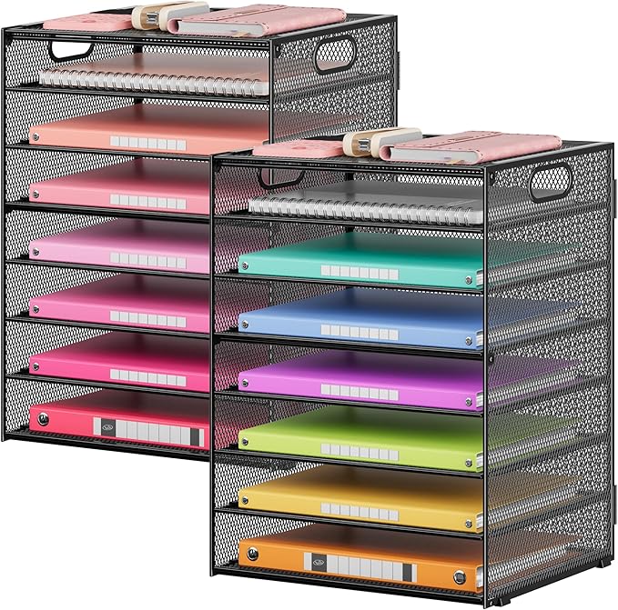 Lavatino 2 Pack 8-Tier Office Desk File Organizer, Letter Tray Paper Organizer with Handle, Including 5 Adjustable Slide Trays for Organizing Desktop Workspace Accessories and Supplies (Black Mesh) by Lavatino