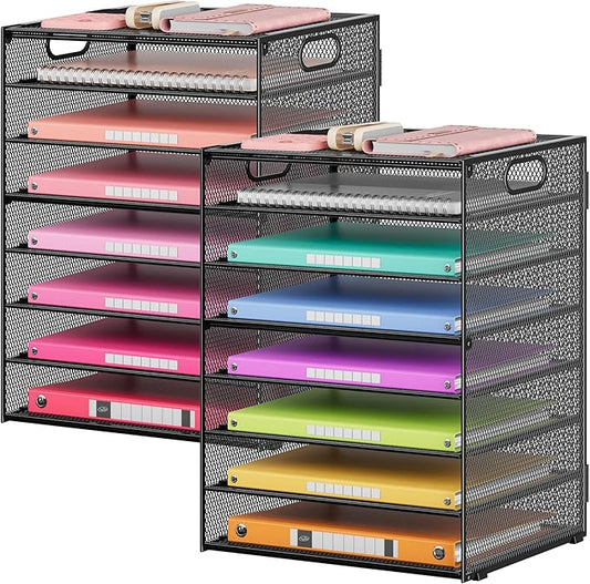 Lavatino 2 Pack 8-Tier Office Desk File Organizer, Letter Tray Paper Organizer with Handle, Including 5 Adjustable Slide Trays for Organizing Desktop Workspace Accessories and Supplies (Black Mesh) by Lavatino
