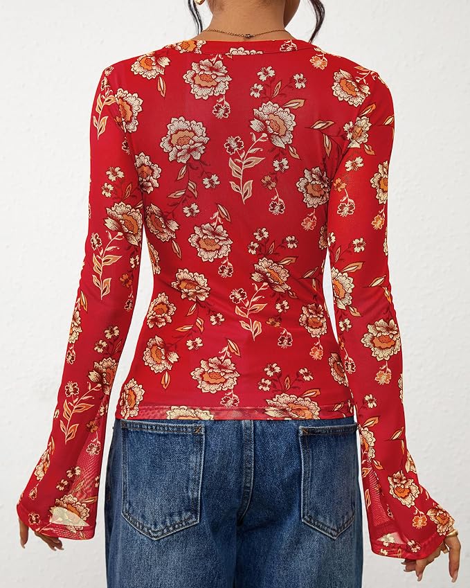 BTFBM Button Down Shirts for Women 2026 Fall Boho Tops V Neck Long Sleeve Blouses Ruched Mesh Fitted Fashion Clothing - Image 3