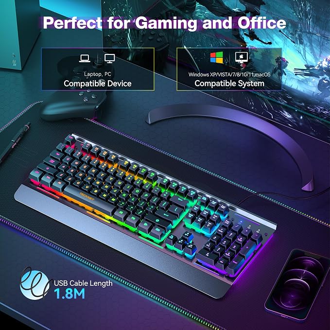TECKNET Wired Gaming Keyboard, RGB Backlit Keyboard with Metal Panel Design | 15-Zone RGB Illumination, Whisper Quiet Design, IP32 Water Resistance, 25 Anti-ghosting Keys, Ergonomic Design - Image 5