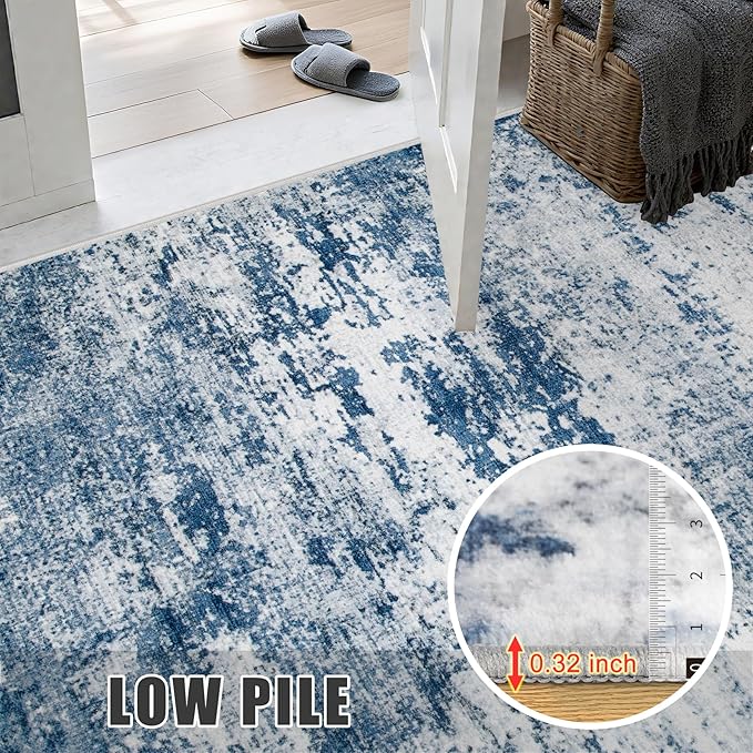 Washable Area Rug 3x8 Entryway Rug: Washable Modern Abstract Soft Thin Rug Indoor Floor No Slip Stain Resistant Carpet for Bedroom Dining Room Farmhouse Nursery Home Office - Blue - Image 7
