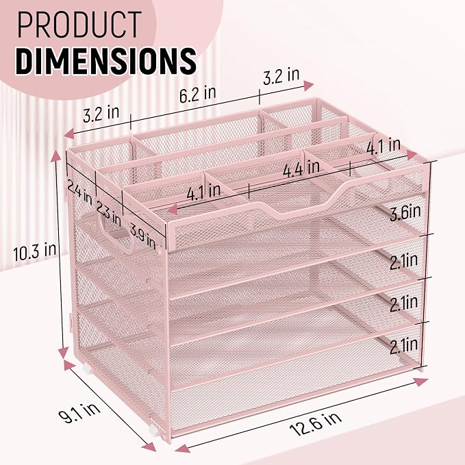 Docnest 5 Tier Mesh Desk Organizer with Removable Tray&Pen Holder, Pink | Features 3 detachable pen holders and 4 removable dividers.Versatile mesh desktop storage for mail, document,office supplie - Image 3