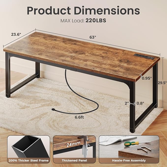 Huuger 63 x 24 inch Desk with Power Outlets & USB-C, Deeper & Thicker Desktop, Robust Metal Tubes, Computer Desk, Heavy Duty Office Desk, Work Gaming Desk, for Home Office, Rustic Brown - Image 2