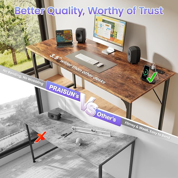 PRAISUN 55 X 20 Inch Computer Desk, Power Outlets, USB-C, Rustic Brown | Office Desk with 4 AC Outlets, USB & USB-C, Sturdy Metal Frame, Spacious Desktop for Work, Writing, Study & Gaming - Image 5