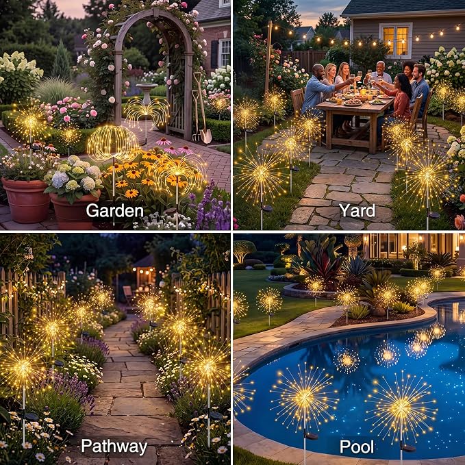 btfarm 2 Pack Solar Garden Lights Outdoor 8 Modes, 120 LED Firework Lights Solar Powered, Waterproof Twinkle Fairy Light Outside for Yard Pathway Lawn Pool Patio Christmas Decorative, Warm White - Image 7