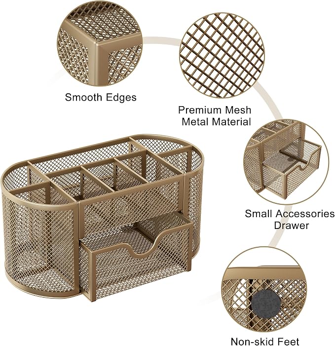 EasyPAG Mesh Pen Holder Desk Organizer with Drawer Stationery Supplies Organizer for Dorm School 9 Compartments Workspace Desk Accessories Organization for Office, Gold - Image 3