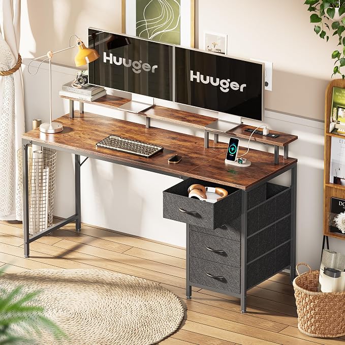 Huuger 55 Inch Computer Desk with Power Outlets and LED Lights, Gaming Desk with 4 Drawers, Office Desk with Monitor Stand, Study Work Home Office, Rustic Brown - Image 8
