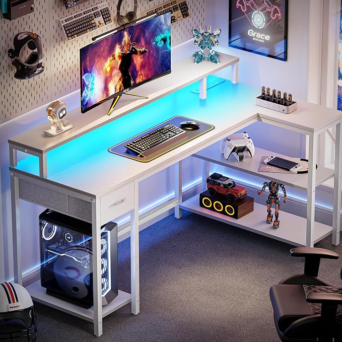 SUPERJARE 53 inch Reversible L Shaped Desk with LED Lights & Power Outlets, Computer Desk with Shelves & Monitor Stand, Gaming Desk with Drawer, Home Office Desk Corner Desk, PU White Drawer - Image 2