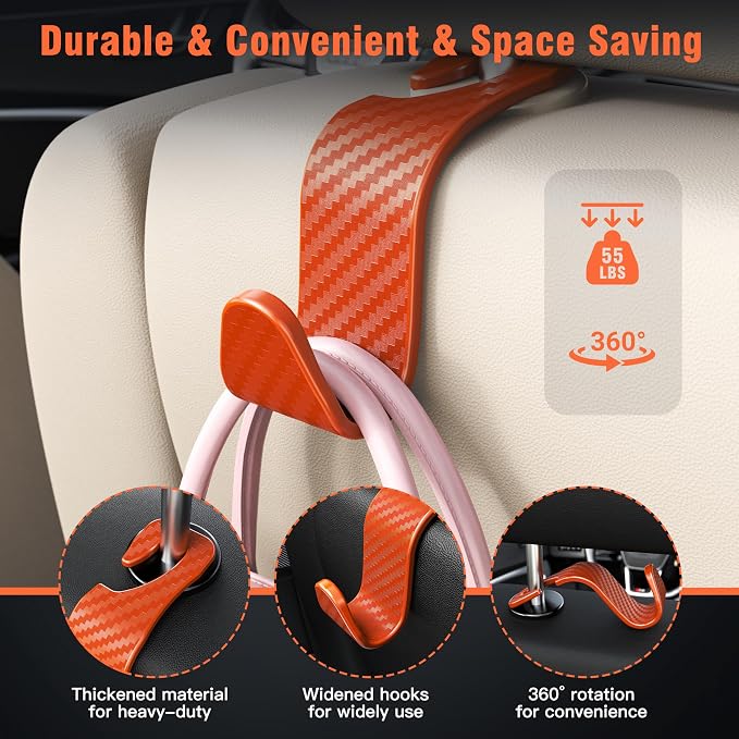 Amooca Car Seat Headrest Hook 4 Pack Hanger Universal Vehicle Car Storage Organizer for Handbag Purse Coat S Type Checkered Orange - Image 3