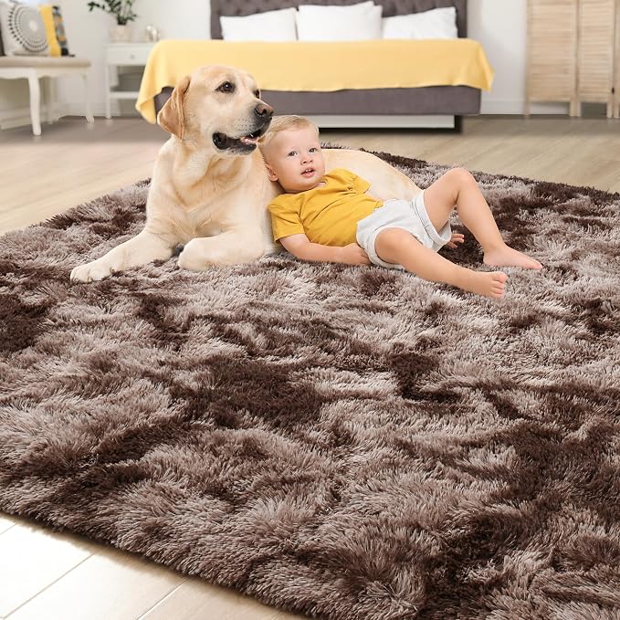 Tepook 9x12 Area Rugs for Living Room Bedroom, Soft Fluffy Plush Shaggy Girls Boys Kids Room Rug, Shag Upgrade Non-Slip Throw Carpet for Dorms Nursery Classroom Home Decor, Tie-Dyed Brown - Image 4