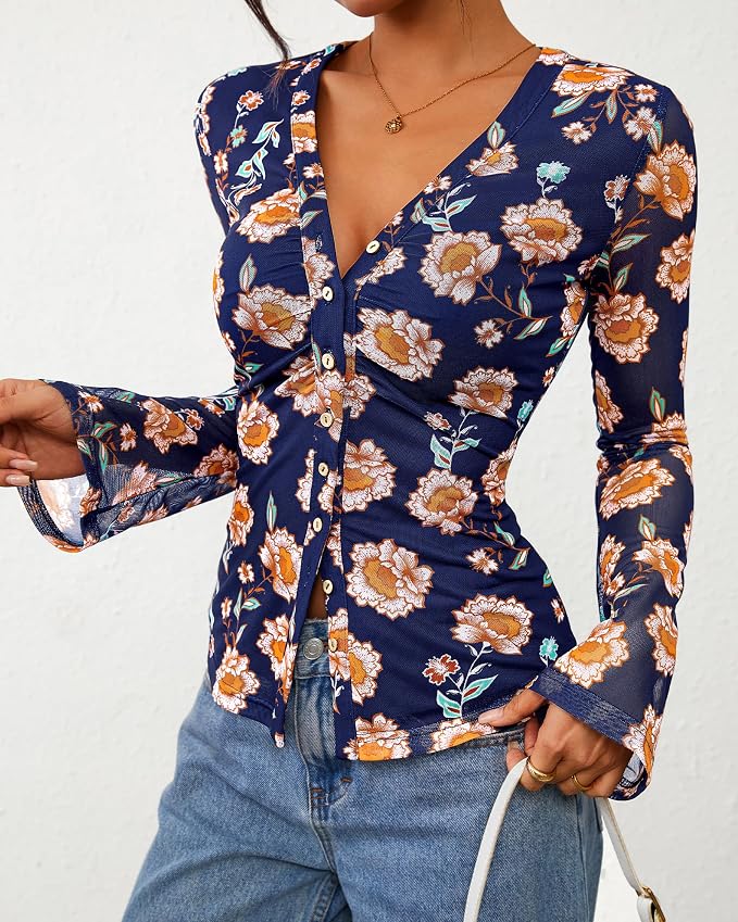 BTFBM Button Down Shirts for Women 2026 Fall Boho Tops V Neck Long Sleeve Blouses Ruched Mesh Fitted Fashion Clothing - Image 5