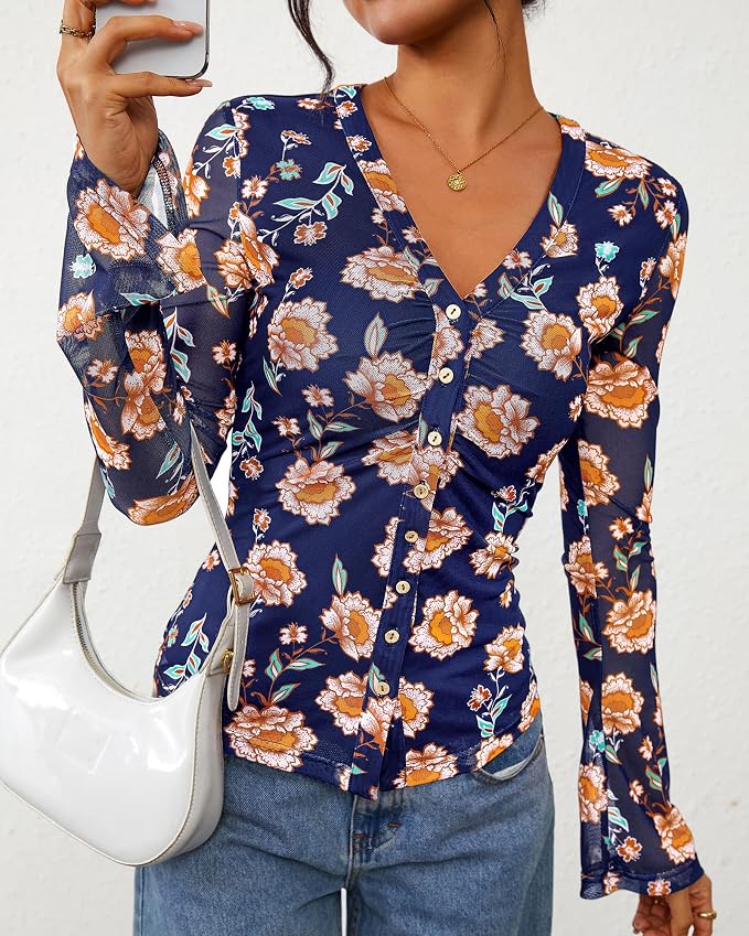 BTFBM Button Down Shirts for Women 2026 Fall Boho Tops V Neck Long Sleeve Blouses Ruched Mesh Fitted Fashion Clothing - Image 6