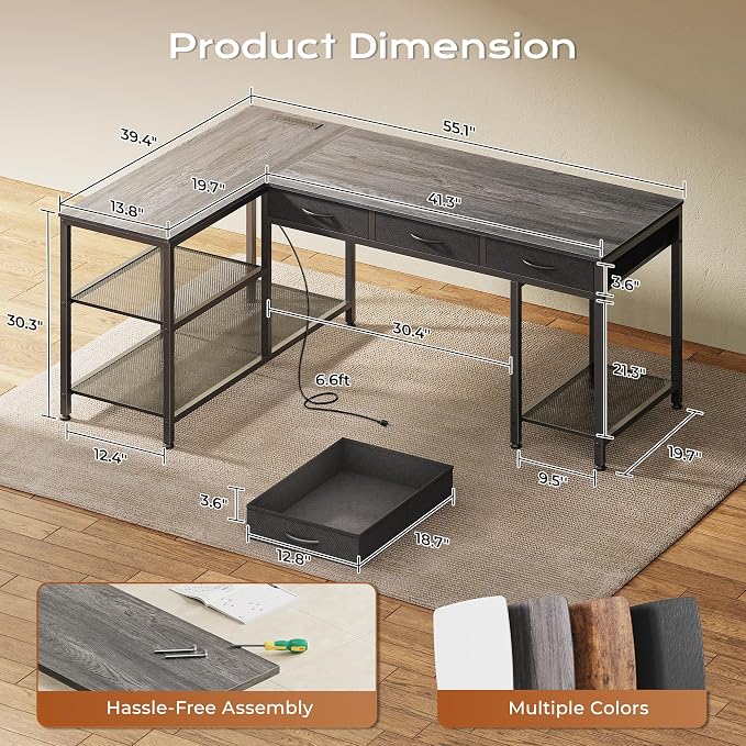 PRAISUN 55 Inch L Shaped Office Desk with Power Outlets and Type-C Port, Large Computer Gaming Desk with 3 Fabric Drawers, Mesh Shelves, Corner Study Work Writing Desk, Grey - Image 3