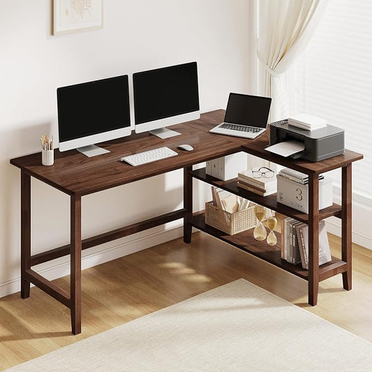 IOTXY Reversible L-Shaped Office Desk - 53" Modern Corner Computer Table with Storage Shelves, Solid Wood Legs, Home Writing & Study Workstation, Walnut by IOTXY