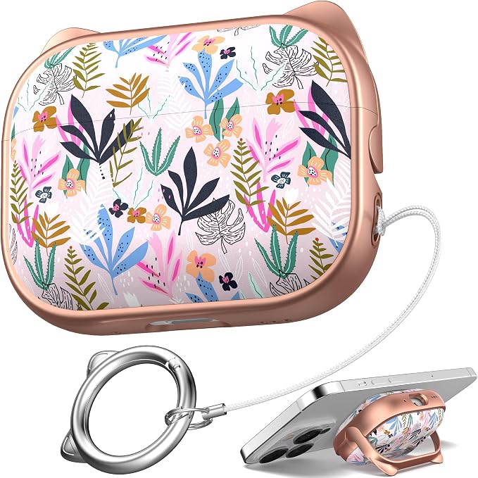 for AirPods Pro 2 Case with Cleaning Kit, Cute Cat Ear Print Design & Cute Buckle for Girls, Phone Holder & Top Safe Lock Buckle Design for AirPods Pro 2nd/1st Gen case, Rose Gold Leaves by MHYALUDO