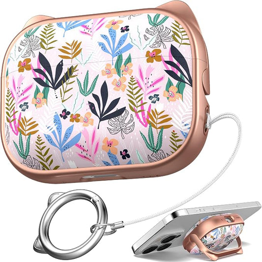 for AirPods Pro 2 Case with Cleaning Kit, Cute Cat Ear Print Design & Cute Buckle for Girls, Phone Holder & Top Safe Lock Buckle Design for AirPods Pro 2nd/1st Gen case, Rose Gold Leaves by MHYALUDO