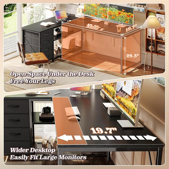 PRAISUN 61" L Shaped Desk with Power Outlets & USB-C Port, Reversible Computer Corner Office Desk with 4 Fabric Drawers and 2 Storage Shelves, Large Desk for Gaming Writing Study, Black - Image 6
