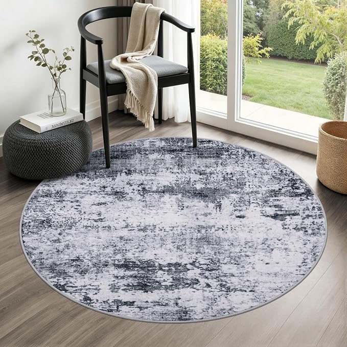 Round Area Rug for Living Room: 4 ft Washable Modern Abstract Soft Thin Rug Indoor Floor No Slip Stain Resistant Carpet for Bedroom Dining Room Farmhouse Nursery Home Office - Grey by FXRHLP