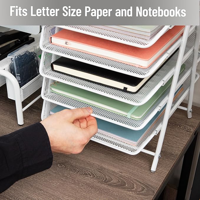Mind Reader 5-Tier Paper Tray Organizer, White | Vertical Desktop File Storage Rack, Office, Metal Mesh - Image 6