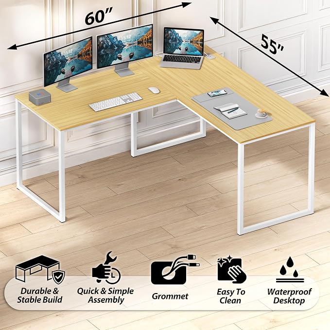 SHW Mission 55 x 60 L-Shape Home Office Computer Desk, Oak | Reversible Desktop Design - Image 4