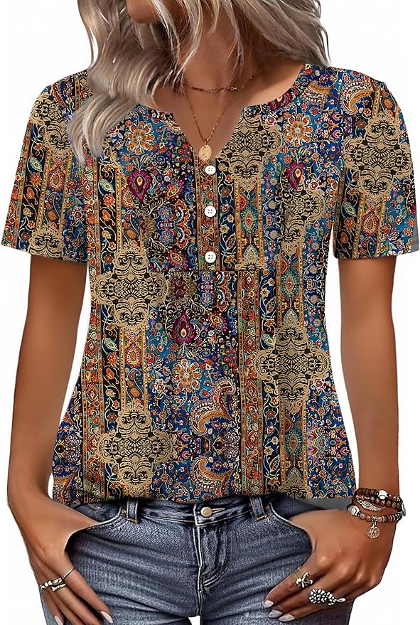 Zeagoo Womens Short Sleeve Tops Summer Henley V-Neck Tshirts Casual Pleated Blouse Dressy Loose Floral Basic Tee by Zeagoo
