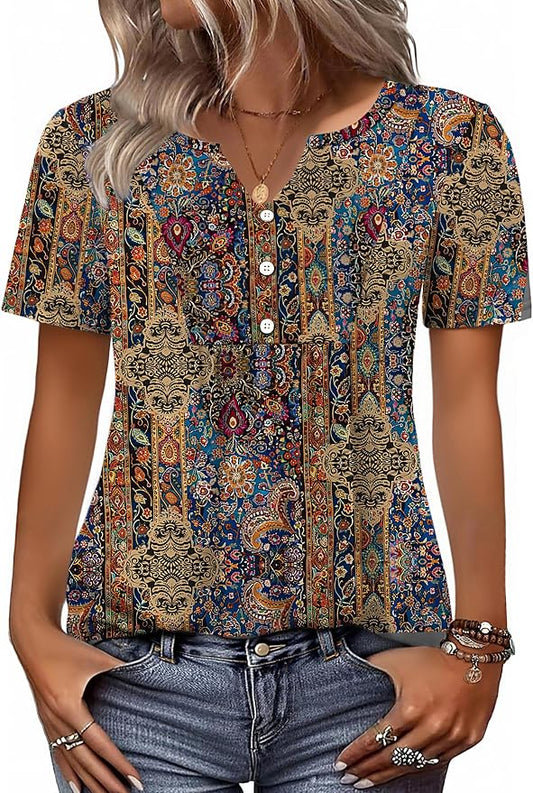 Zeagoo Womens Short Sleeve Tops Summer Henley V-Neck Tshirts Casual Pleated Blouse Dressy Loose Floral Basic Tee by Zeagoo